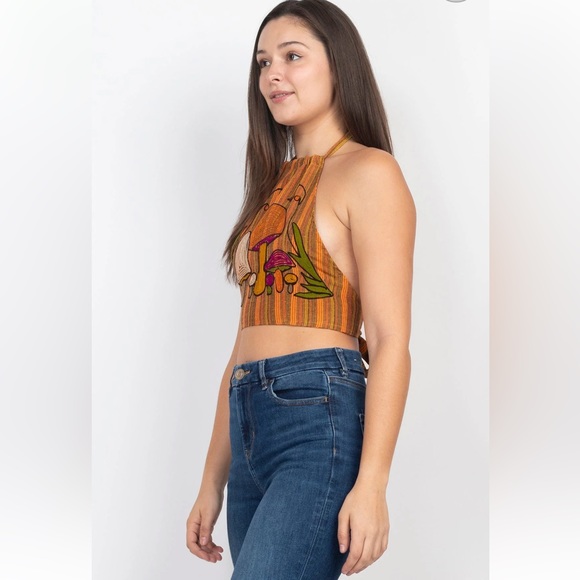 NWOT Lakhays Mushroom Embroidered Halter Top - Picture 6 of 7